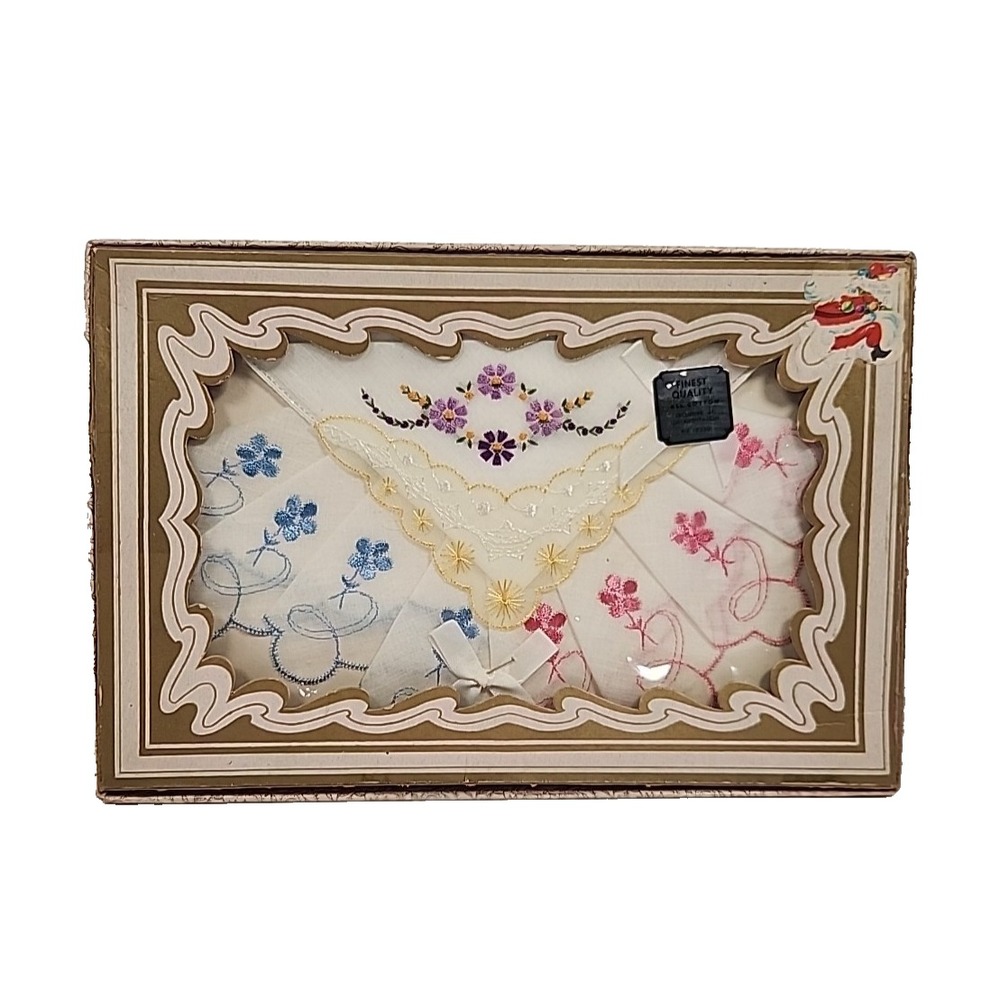 Vintage Swiss Embroidered Handkerchief Box Set 3 All Cotton Made In Switzerland